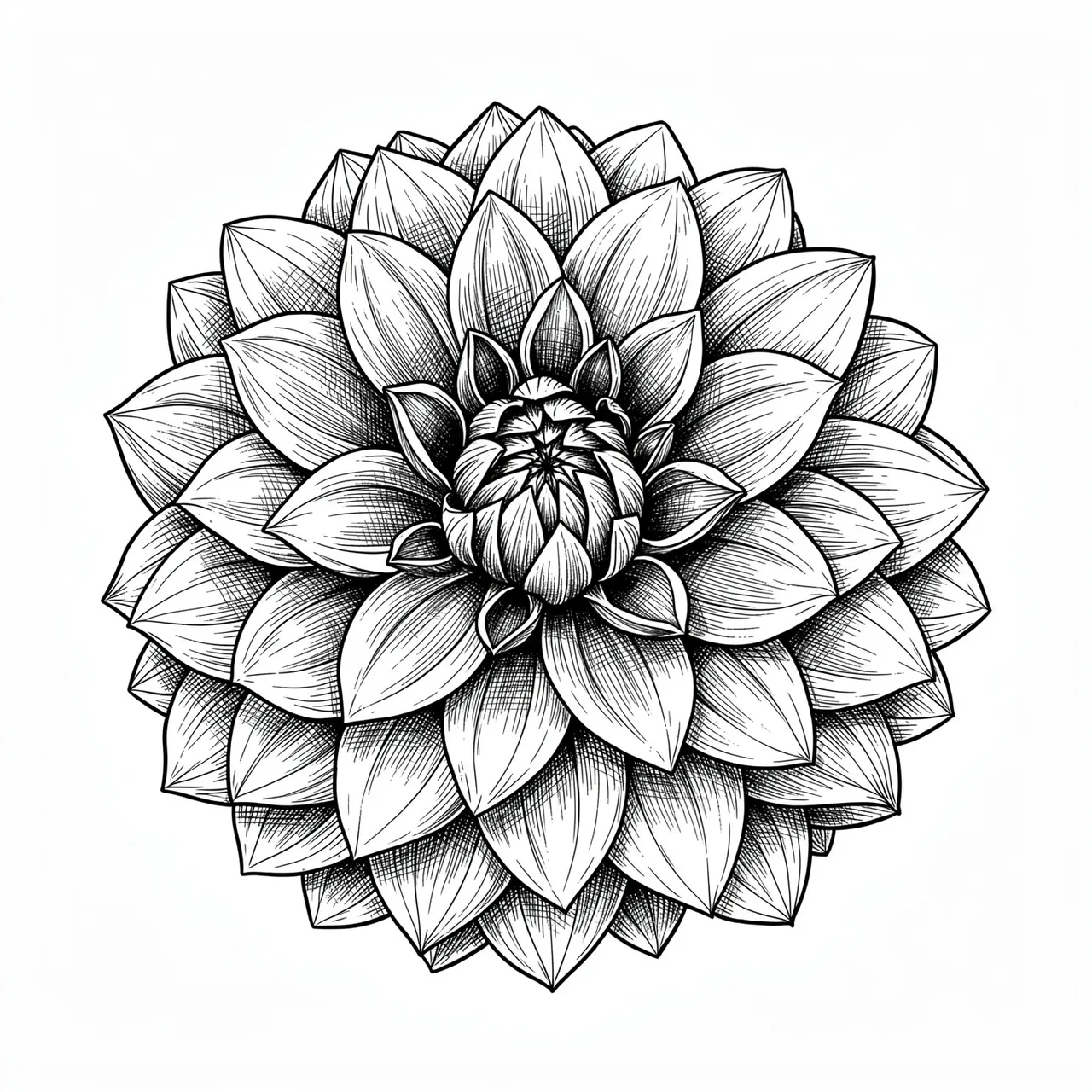 Detailed pen and ink cross-hatch drawing of a spiraling dahlia flower on a plain white background