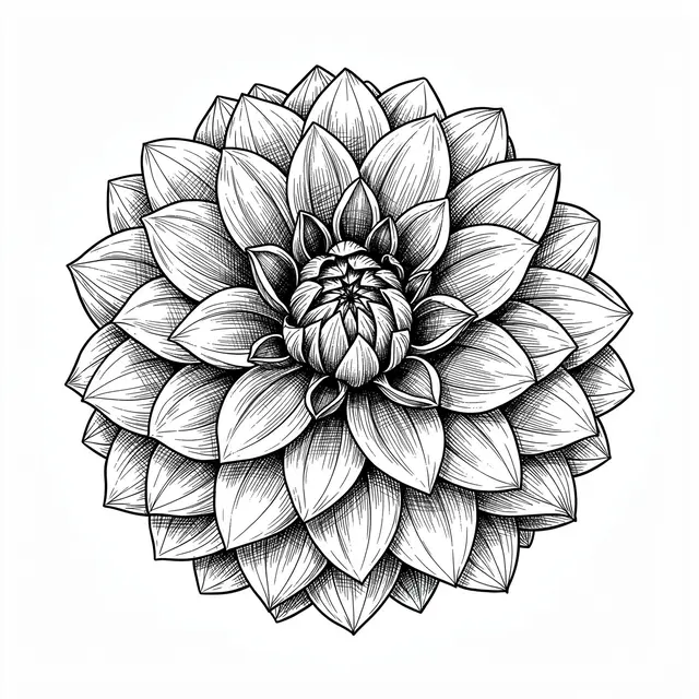 Detailed pen and ink cross-hatch drawing of a spiraling dahlia flower on a plain white background