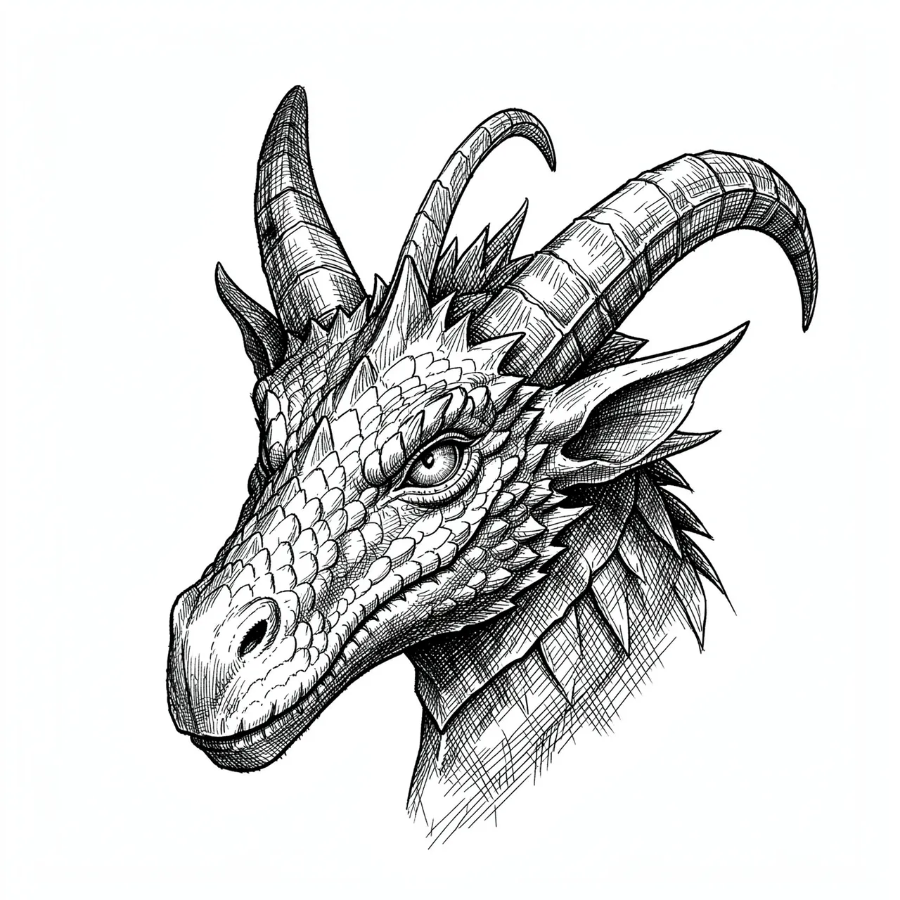 Detailed pen and ink drawing of a scaled dragon head with curved horns on plain white paper