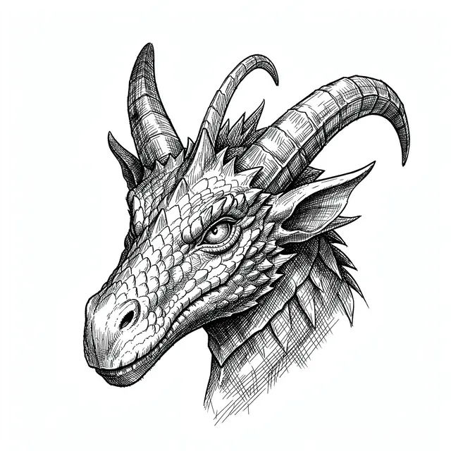 Detailed pen and ink drawing of a scaled dragon head with curved horns on plain white paper