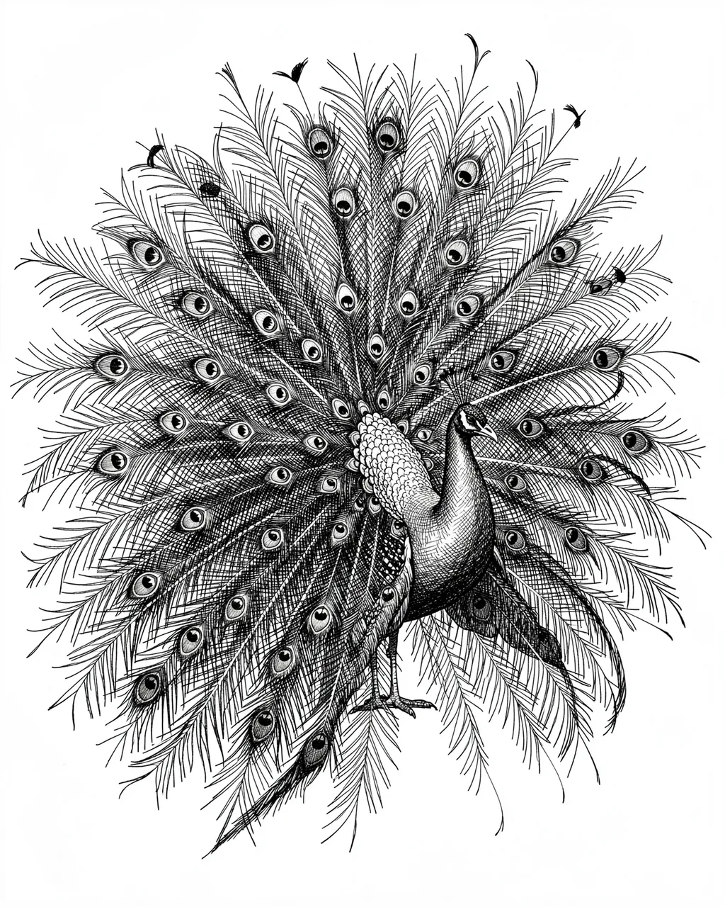 A detailed pen and ink cross-hatch drawing of a peacock standing with its tail fully fanned open on white paper