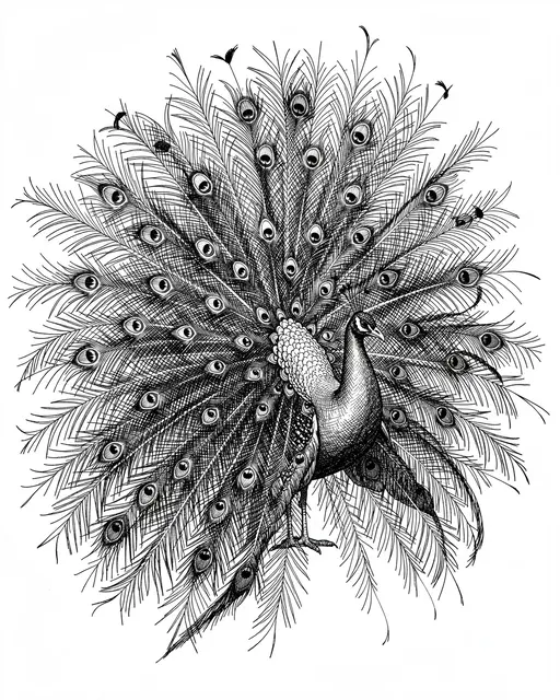 A detailed pen and ink cross-hatch drawing of a peacock standing with its tail fully fanned open on white paper