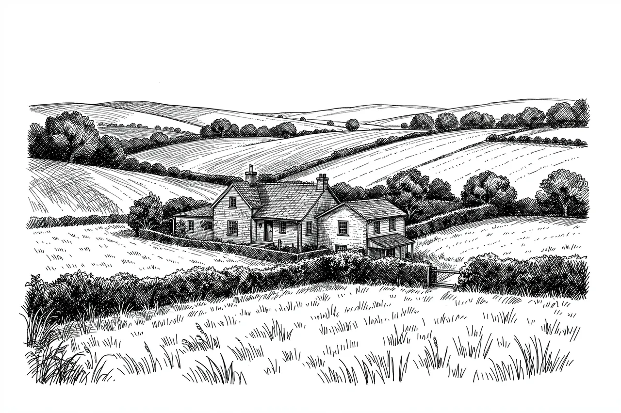 Cross-hatched pen and ink drawing of a stone farmhouse set among rolling hedgerow fields on white paper