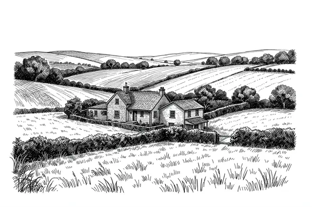 Cross-hatched pen and ink drawing of a stone farmhouse set among rolling hedgerow fields on white paper