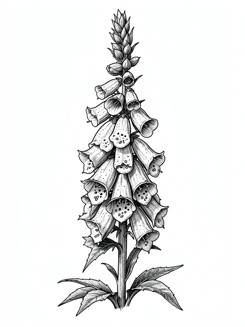 Detailed pen and ink illustration of a foxglove spire with bell flowers and stippled shading on white paper