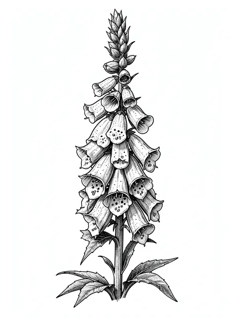 Detailed pen and ink illustration of a foxglove spire with bell flowers and stippled shading on white paper