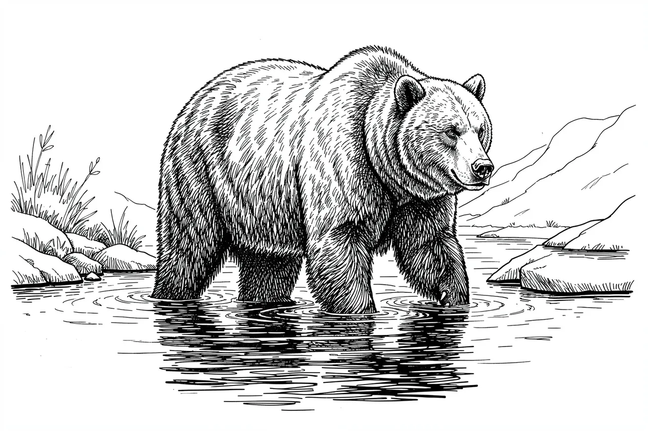 Detailed pen and ink illustration of a grizzly bear standing in shallow rippled river water surrounded by rocks and grass