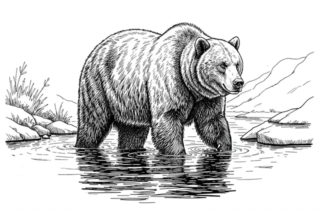 Detailed pen and ink illustration of a grizzly bear standing in shallow rippled river water surrounded by rocks and grass