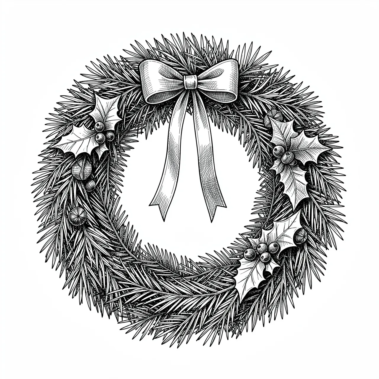 Detailed cross-hatched pen and ink drawing of a pine and holly holiday wreath with a bow on white paper