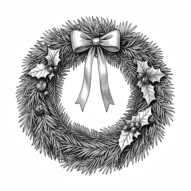 Detailed cross-hatched pen and ink drawing of a pine and holly holiday wreath with a bow on white paper