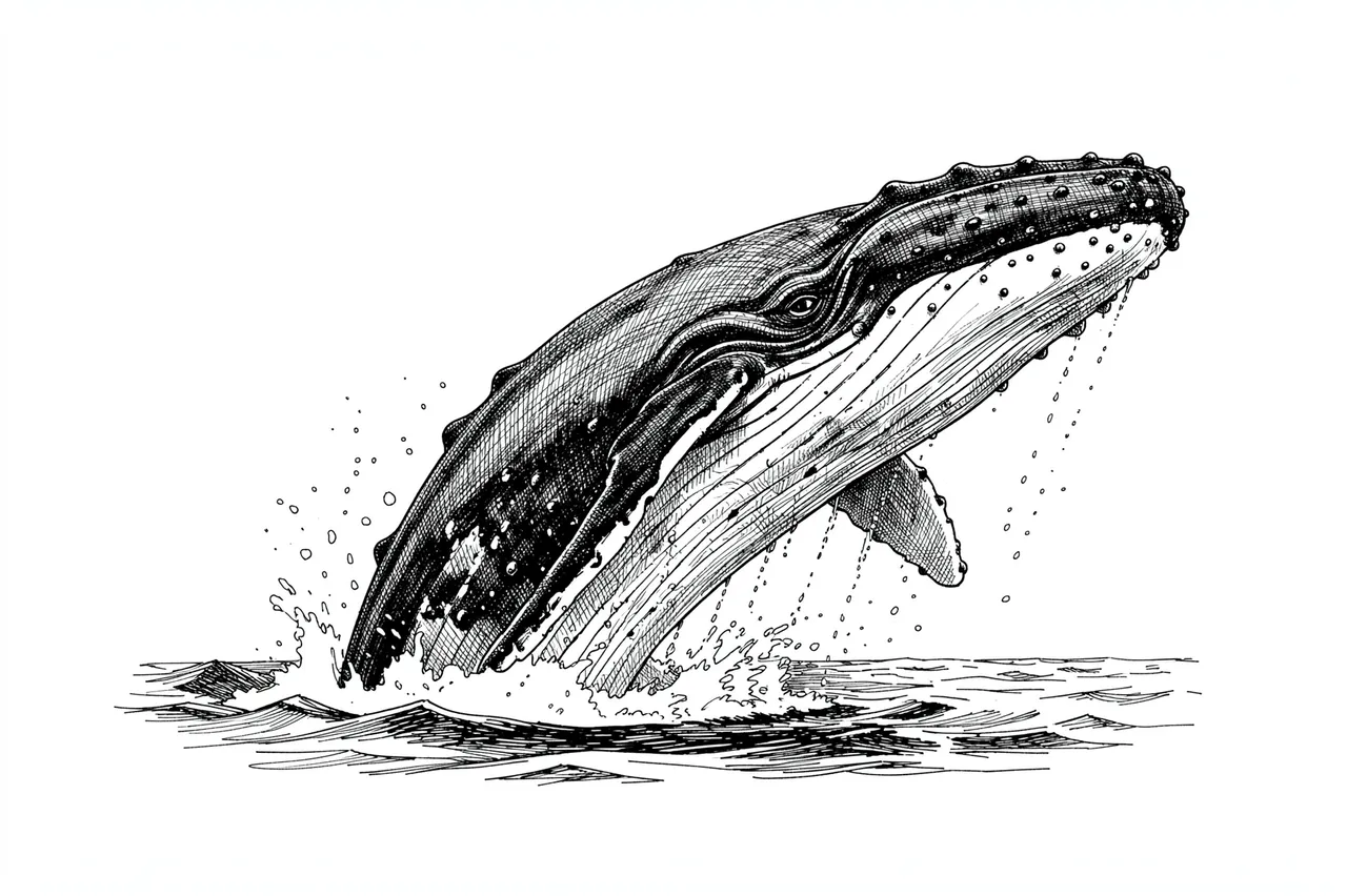 Cross-hatched pen and ink drawing of a humpback whale breaching from ocean waves