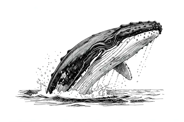 Cross-hatched pen and ink drawing of a humpback whale breaching from ocean waves