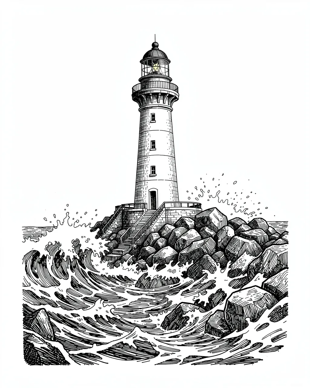 Detailed pen and ink drawing of a lighthouse perched on a rocky shore with crashing surrounding waves against a plain white