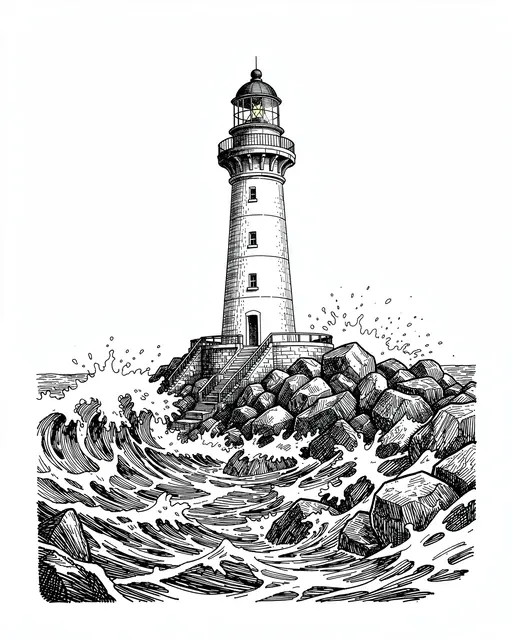 Detailed pen and ink drawing of a lighthouse perched on a rocky shore with crashing surrounding waves against a plain white