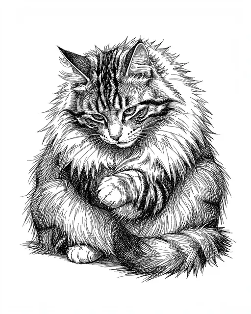 Detailed pen and ink cross-hatching drawing of a fluffy long-haired tabby cat sitting with one paw raised.