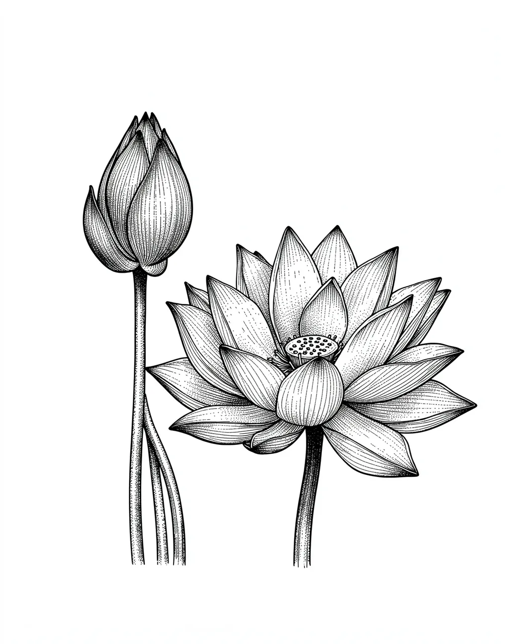 Pen and ink stippled drawing of a closed lotus bud beside a fully open lotus flower on plain white paper