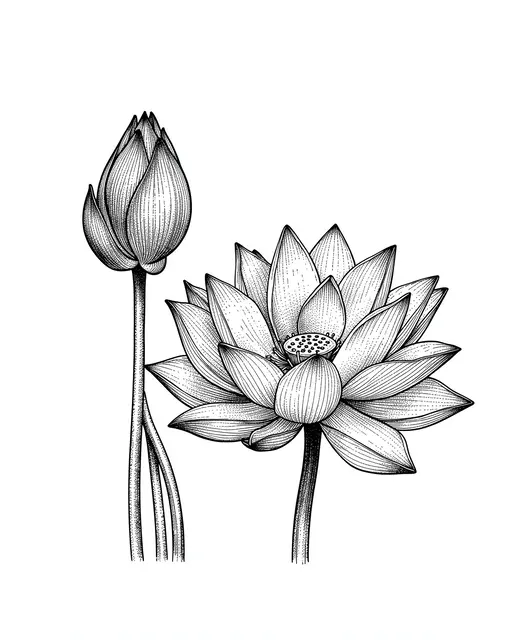 Pen and ink stippled drawing of a closed lotus bud beside a fully open lotus flower on plain white paper