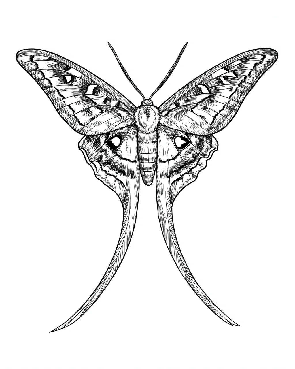 Detailed symmetric pen and ink illustration of a luna moth with long trailing tails on a plain white background