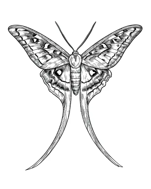 Detailed symmetric pen and ink illustration of a luna moth with long trailing tails on a plain white background