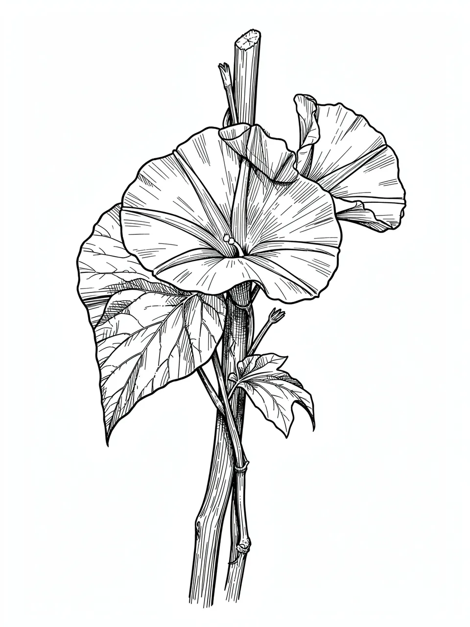 Detailed pen and ink line drawing of a morning glory vine curled around a wooden stick on plain white paper