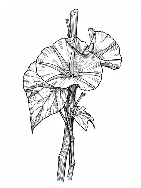 Detailed pen and ink line drawing of a morning glory vine curled around a wooden stick on plain white paper