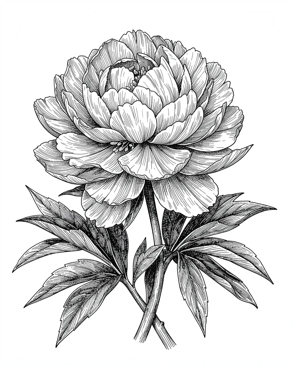 Detailed pen and ink cross-hatch drawing of a fully bloomed peony with leaves on white paper