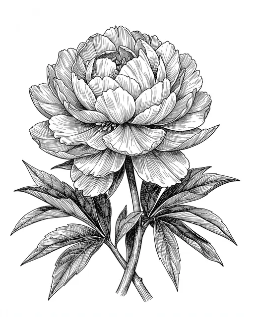 Detailed pen and ink cross-hatch drawing of a fully bloomed peony with leaves on white paper