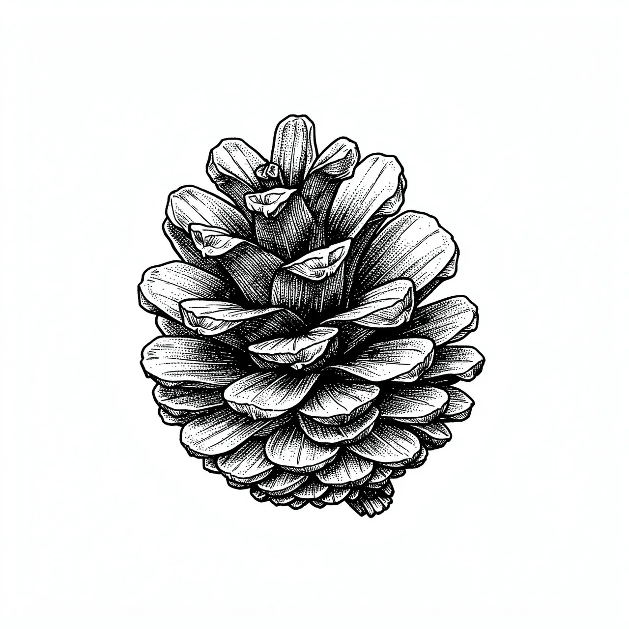 Detailed pen and ink drawing of an open pinecone with stippled shading on white paper