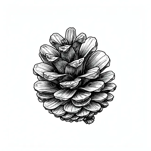 Detailed pen and ink drawing of an open pinecone with stippled shading on white paper