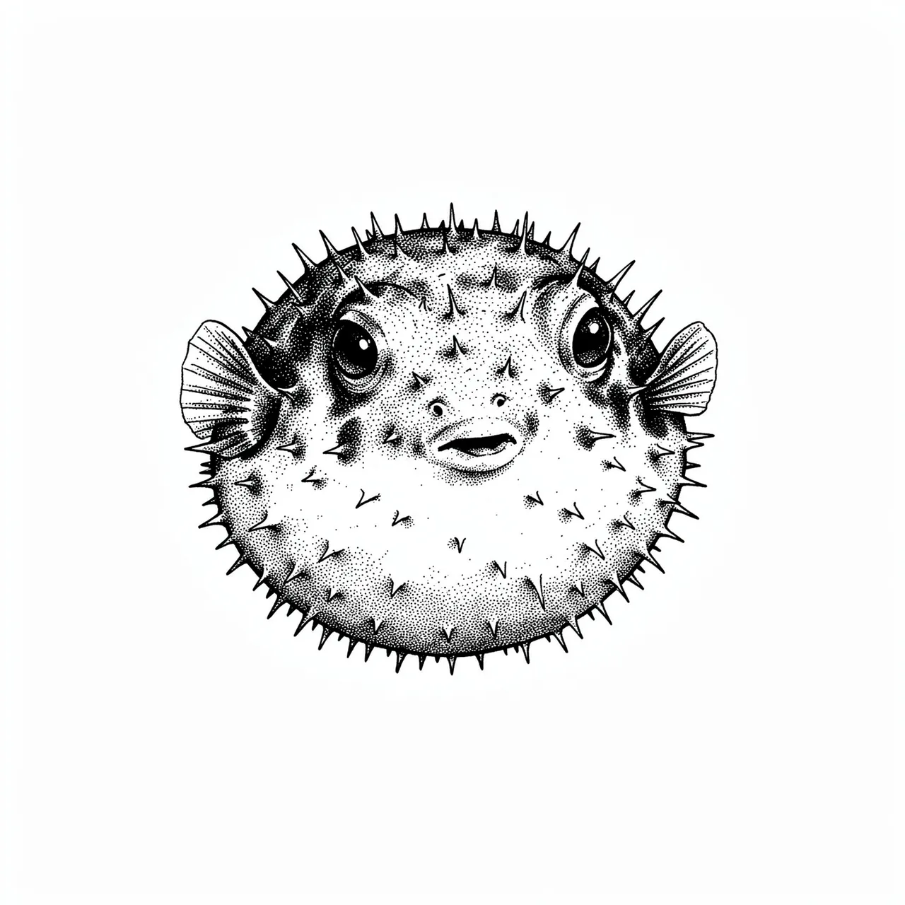 A detailed pen and ink stippled drawing of a round spiky pufferfish against a plain white background