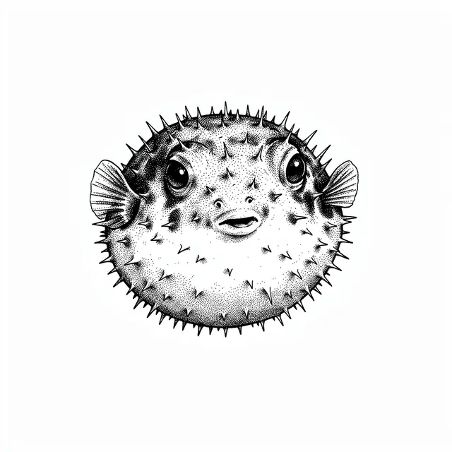 A detailed pen and ink stippled drawing of a round spiky pufferfish against a plain white background
