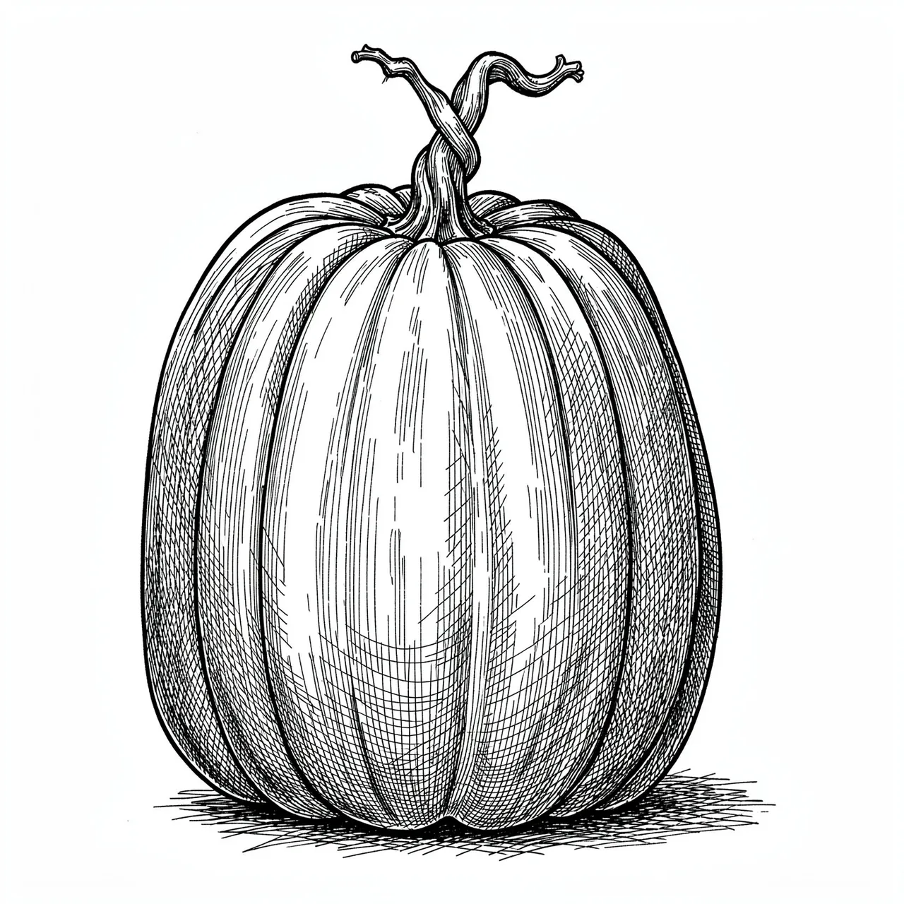 A detailed pen and ink cross-hatch drawing of a tall ribbed pumpkin with a twisted stem on white paper