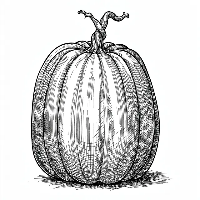 A detailed pen and ink cross-hatch drawing of a tall ribbed pumpkin with a twisted stem on white paper
