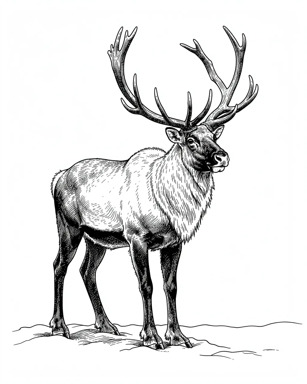 A detailed pen and ink drawing of a reindeer with tall antlers standing on snowy ground