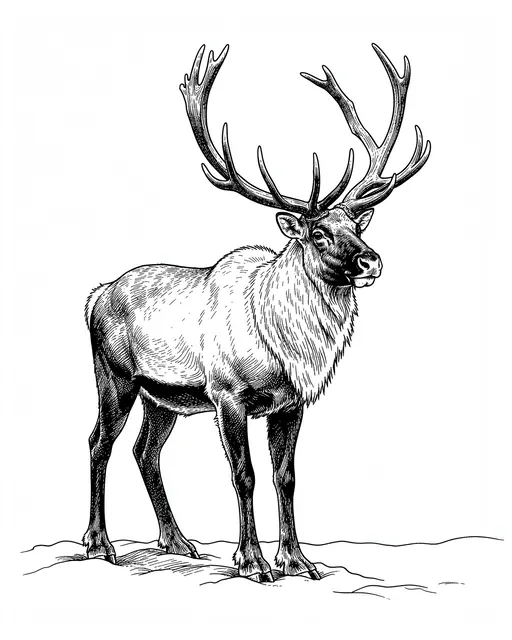 A detailed pen and ink drawing of a reindeer with tall antlers standing on snowy ground