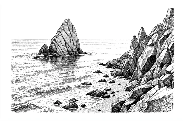 Stippled pen and ink drawing of a rocky shoreline with sea stacks rising from calm coastal water.