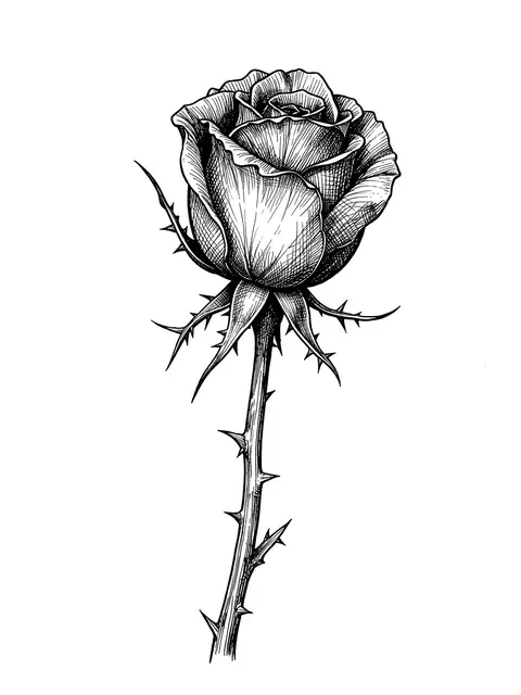 Detailed pen and ink cross-hatch drawing of a half-open rosebud on a thorny stem against a plain white background