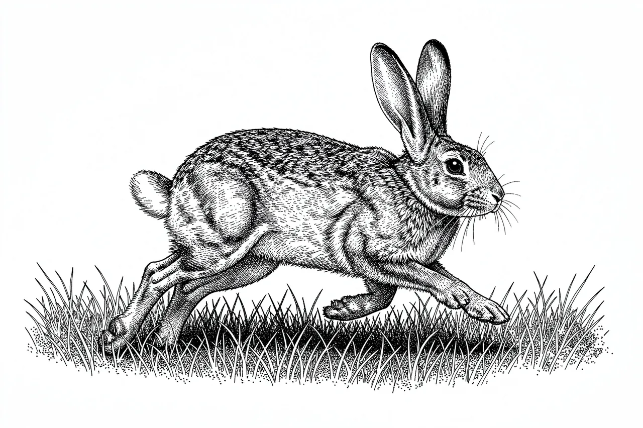 Stippled pen and ink illustration of a wild hare mid-stride over grass on a plain white background