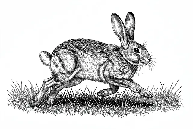 Stippled pen and ink illustration of a wild hare mid-stride over grass on a plain white background