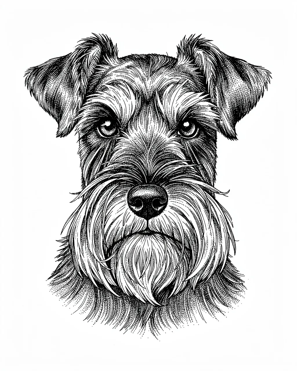 Detailed pen and ink stippled portrait of a schnauzer with a bushy muzzle on white paper