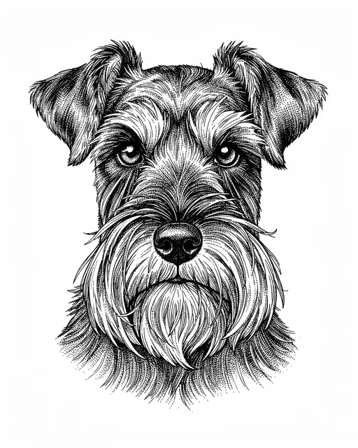Detailed pen and ink stippled portrait of a schnauzer with a bushy muzzle on white paper