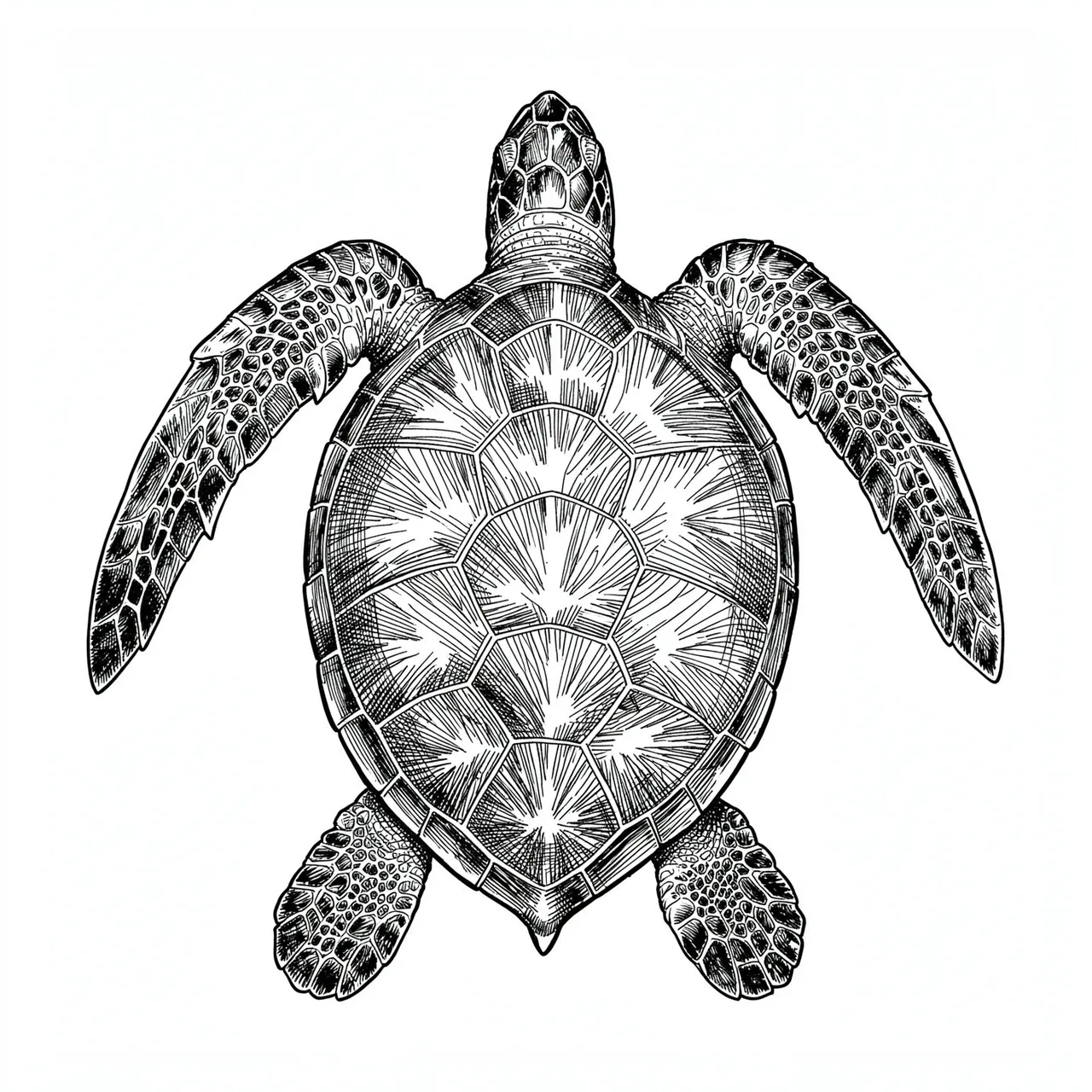 Top-down pen and ink cross-hatch drawing of a detailed sea turtle on a plain white background