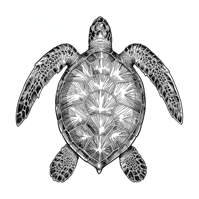 Top-down pen and ink cross-hatch drawing of a detailed sea turtle on a plain white background