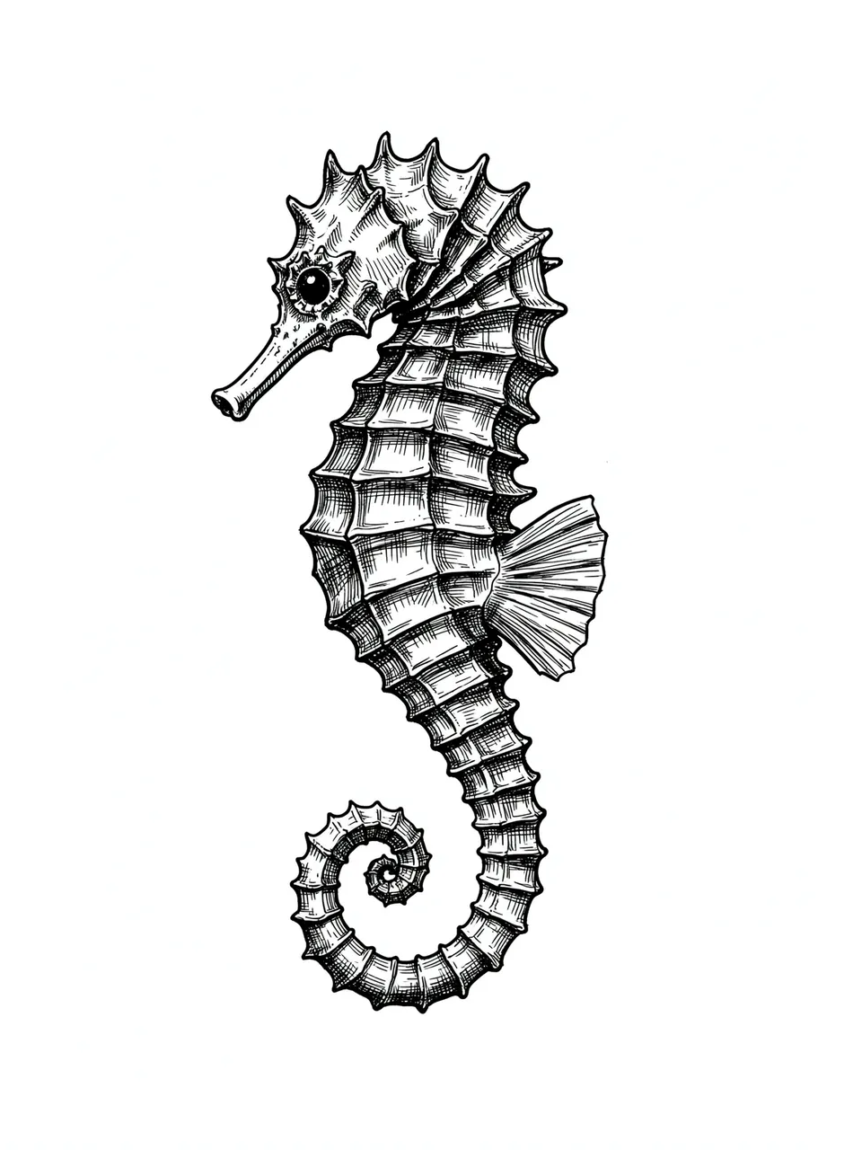 Detailed pen and ink cross-hatch drawing of a seahorse with a tightly curled spiral tail on plain white paper