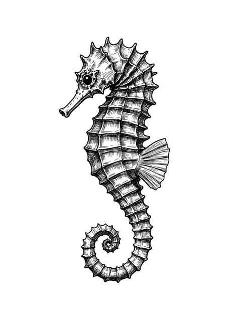 Detailed pen and ink cross-hatch drawing of a seahorse with a tightly curled spiral tail on plain white paper