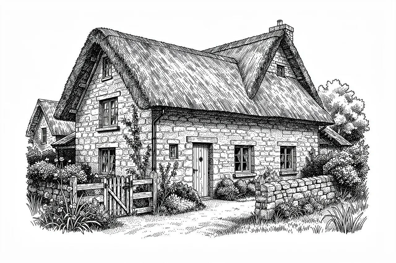 Detailed pen and ink stipple drawing of a thatched stone cottage with a wooden garden gate and garden foliage