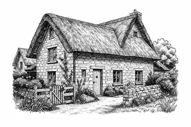 Detailed pen and ink stipple drawing of a thatched stone cottage with a wooden garden gate and garden foliage