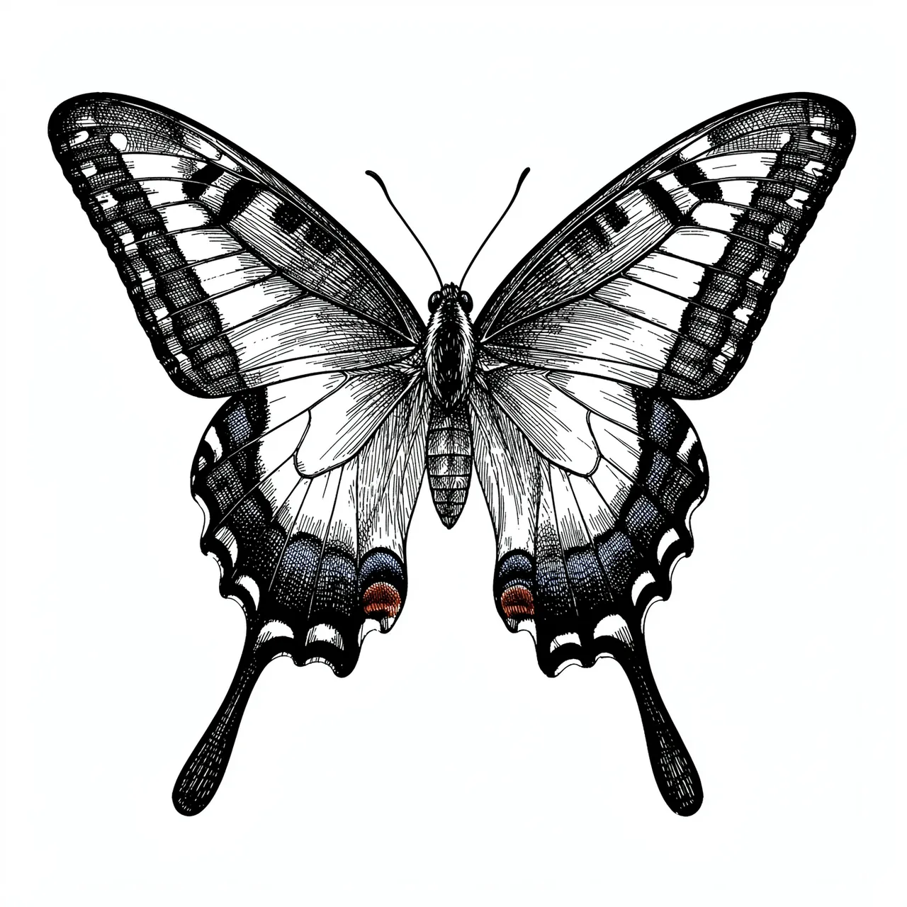 Detailed cross-hatched pen and ink drawing of a long-tailed swallowtail butterfly on white paper