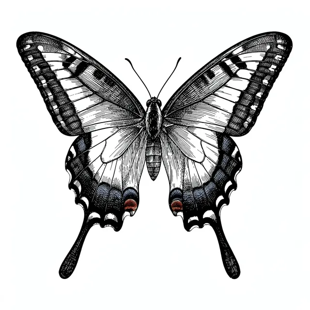 Detailed cross-hatched pen and ink drawing of a long-tailed swallowtail butterfly on white paper