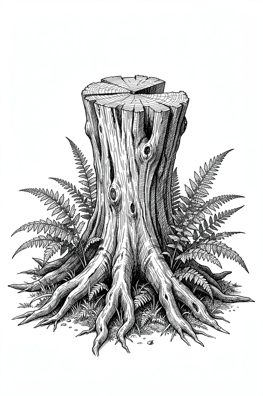 A detailed pen and ink sketch of a gnarled tree stump surrounded by ferns and exposed roots on a white background